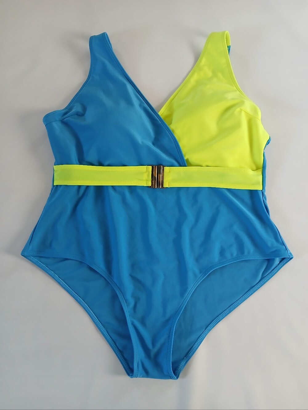 Retro Style Blue & Yellow One-Piece Swimsuit with Belt